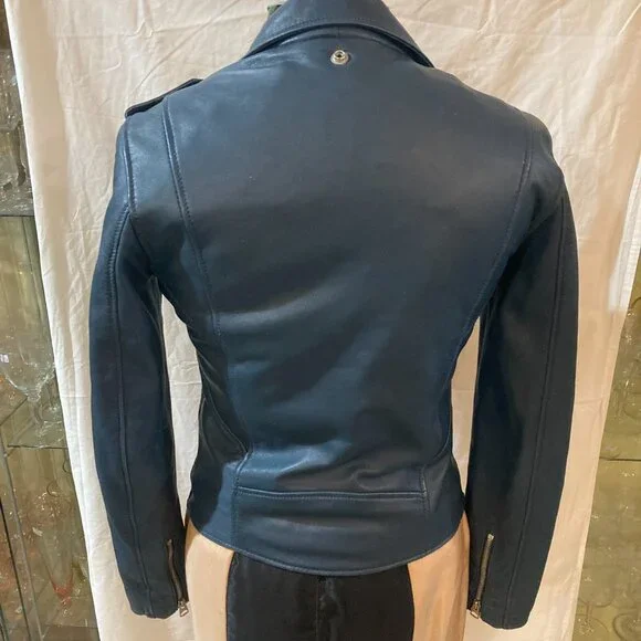 PERFECTO SCHOTT blue leather biker motorcycle womens leather jacket sz small - Picture 3 of 6